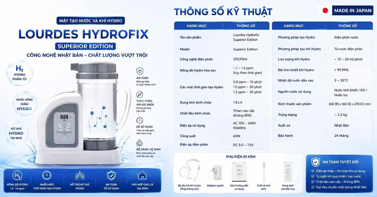 Nước Hydro, Máy tạo nước và khí hydro, Nước chống oxy hóa, trẻ hóa, Công dụng của nước Hydro, Lourdes, lourdes hydrofix, Lourdes Hydrofix Superior Edition, Máy tạo nước Hydro, Nước Hydro, nước hydrogen
